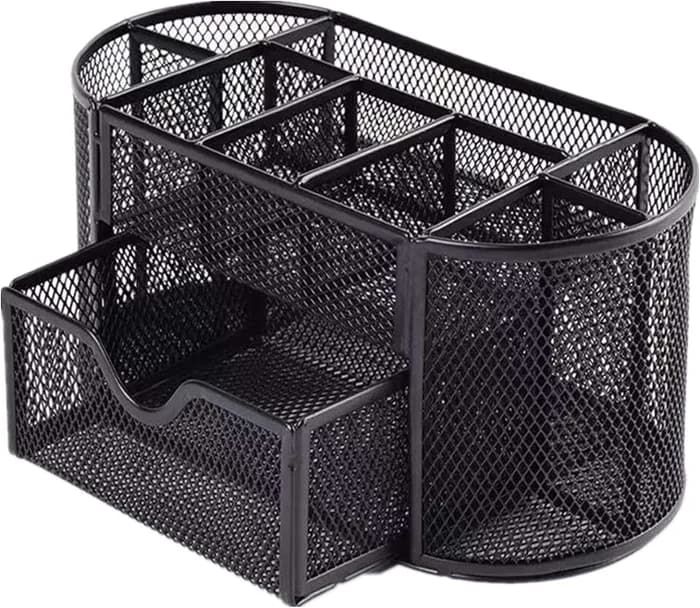 metal mesh desk organiser with 9 compartments and a drawer